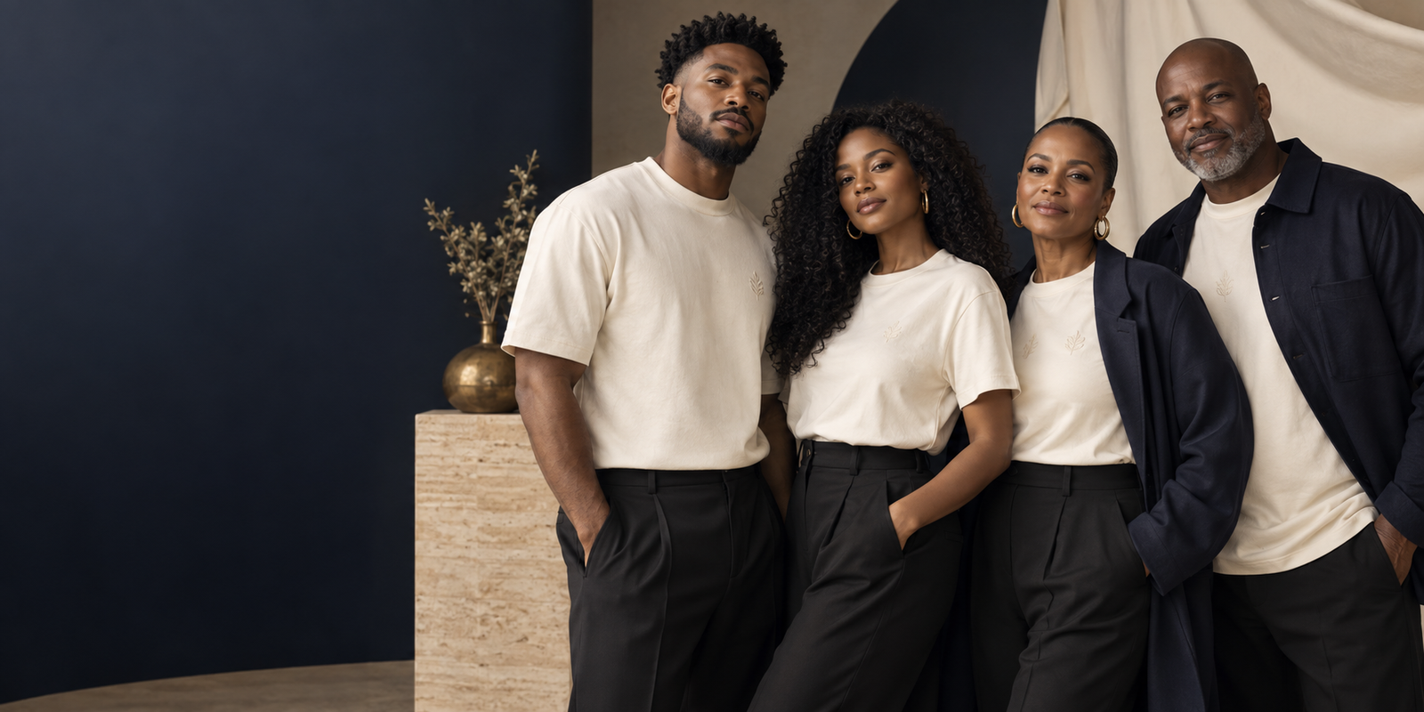 A stylish family wearing premium ivory and navy essentials